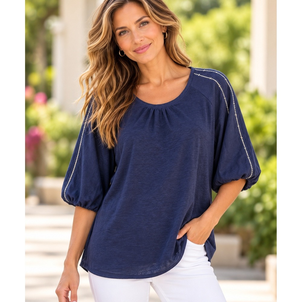 Chico's Navy Blue 100% Linen Raglan Puff Sleeve Embroidered Blouse Top Size 3 XL
